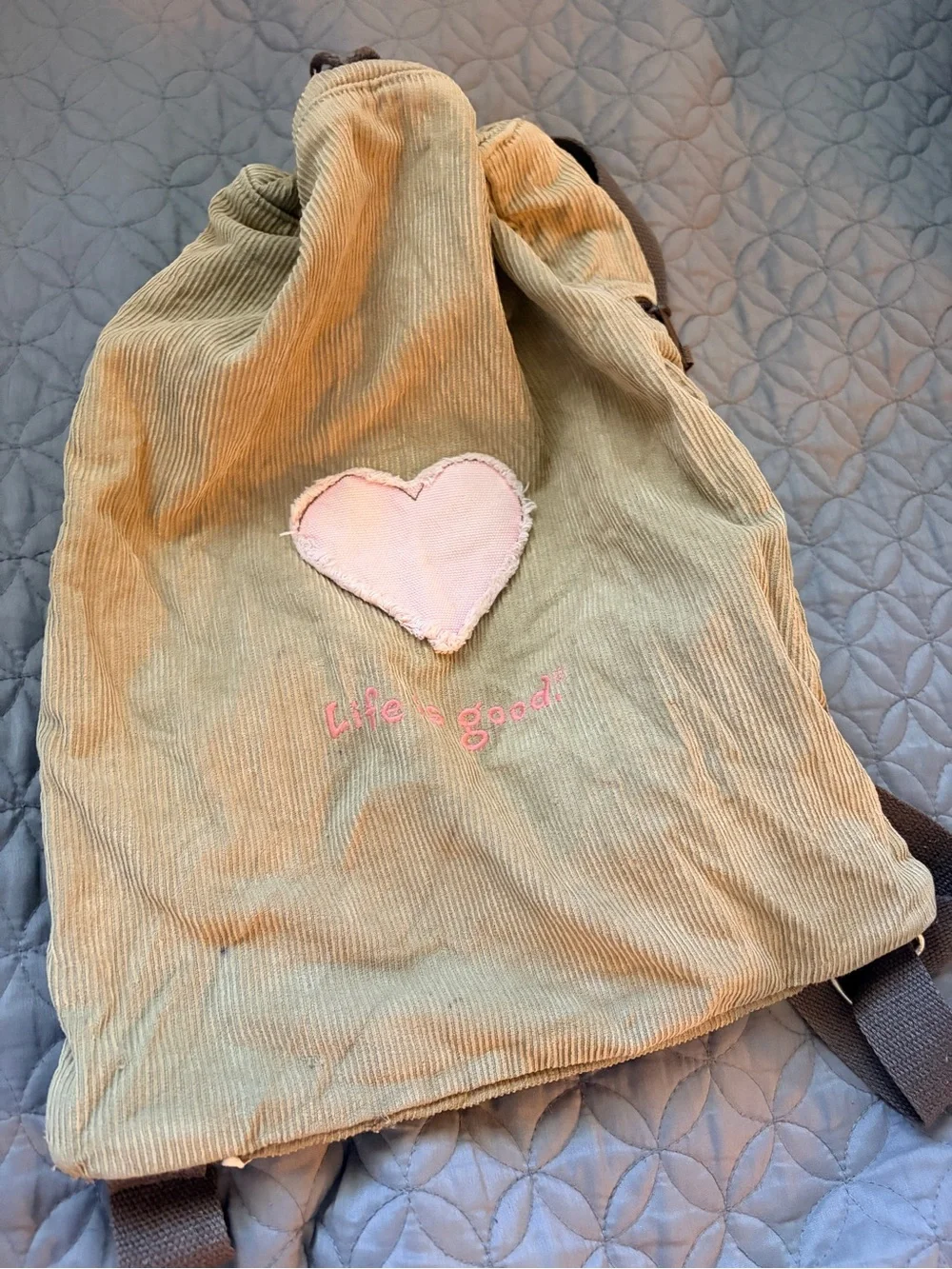 Vintage Life Is Good Corduroy Drawstring Backpack Cinch Bag Pink Heart Tan Y2K